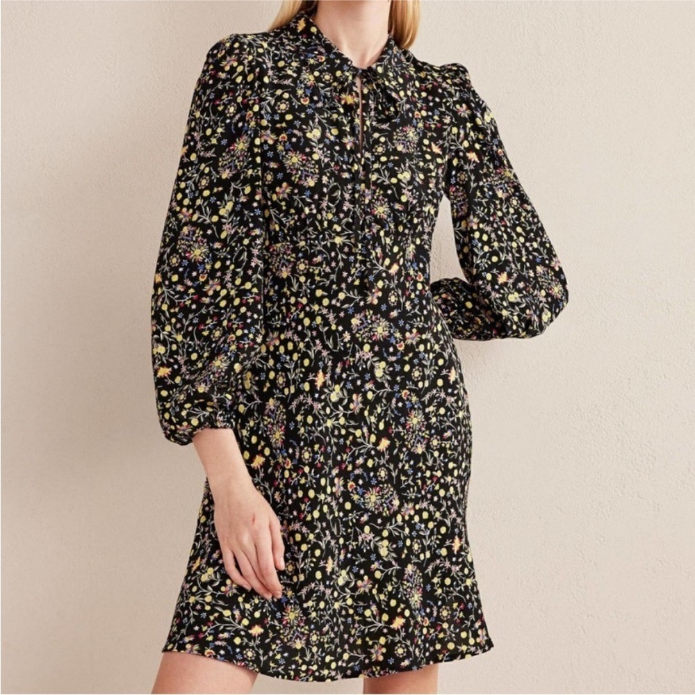 Boden Floral Print Tie Neck Shirt Dress Keyhole Long Sleeve Black Size 6